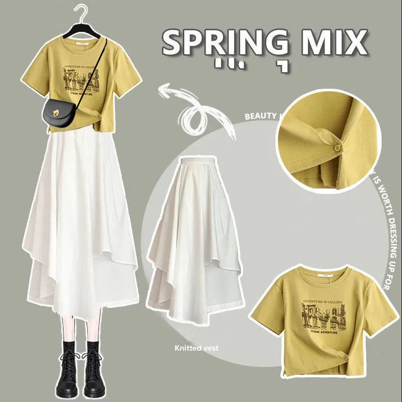 黃色T恤+白色裙類/套裝