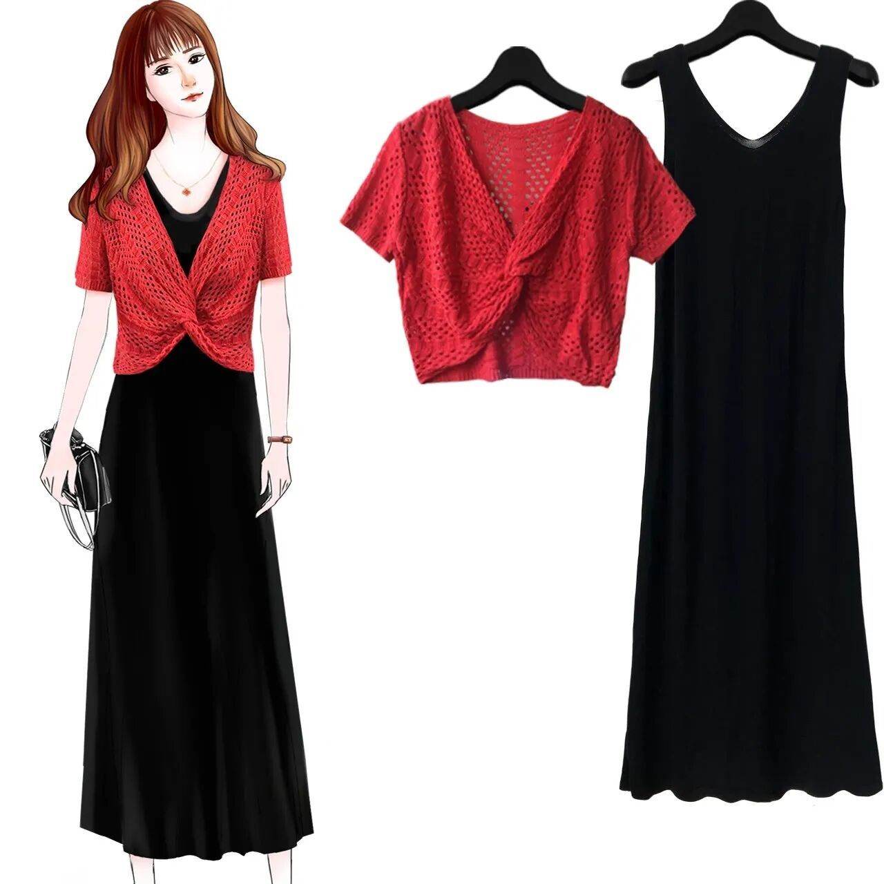 紅色短袖+黑色裙子