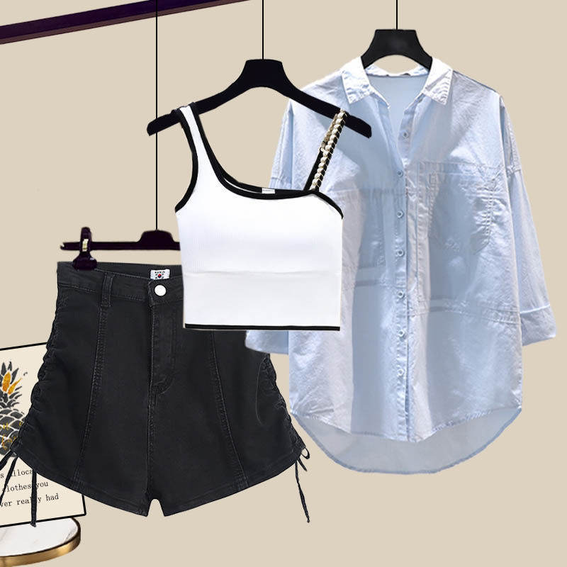 白色/背心+藍色/襯衫+黑色/短褲