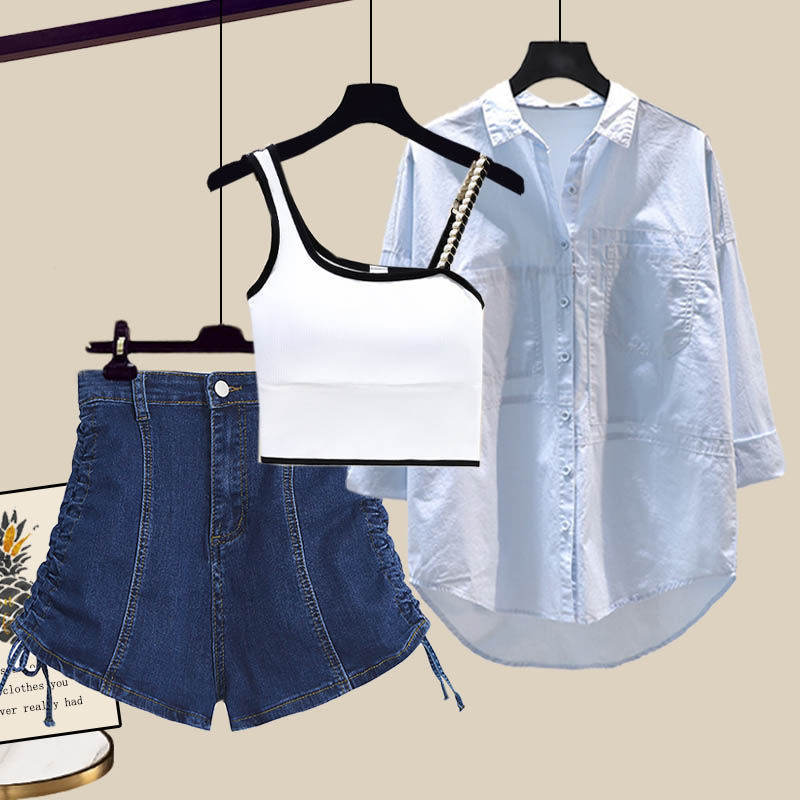 白色/背心+藍色/襯衫+藍色/短褲