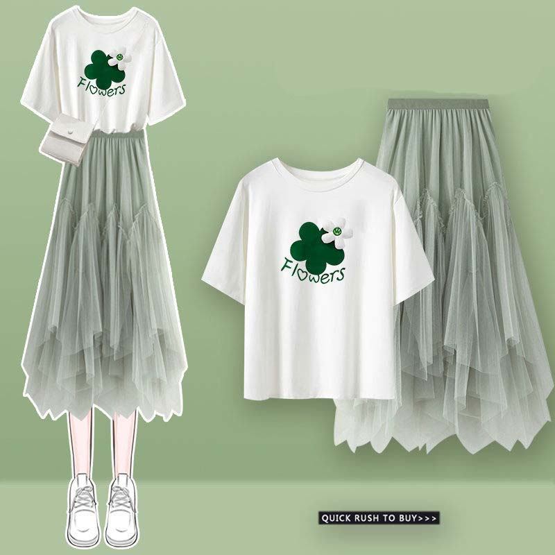 白色1/T恤+绿色/半身裙