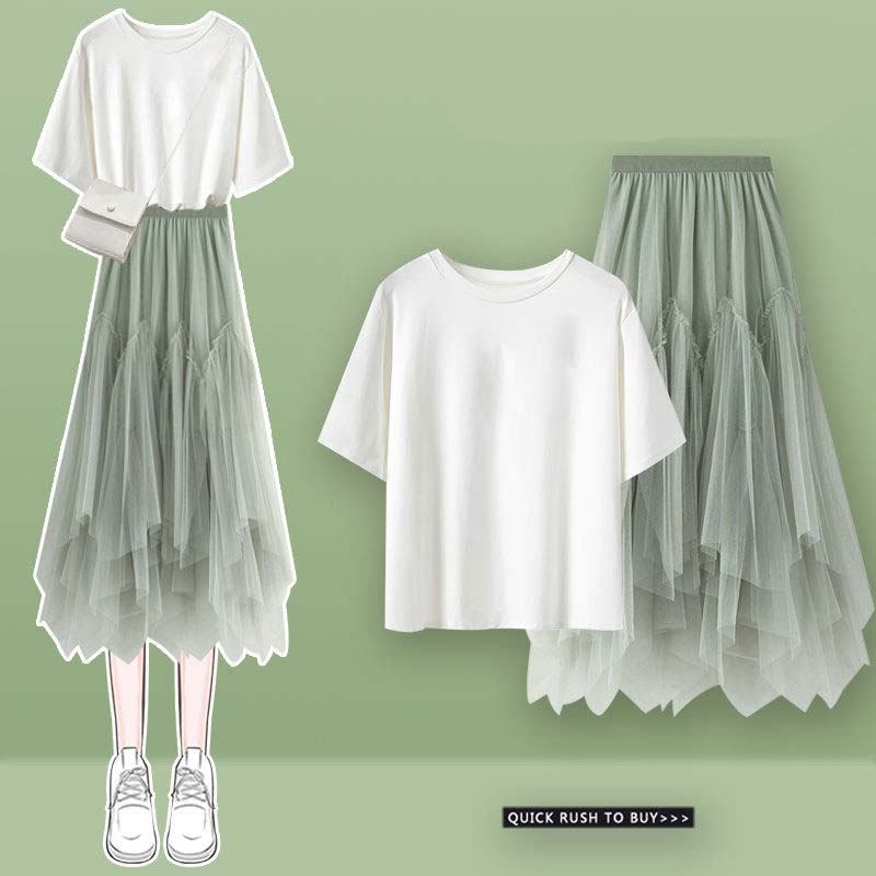 白色5/T恤+绿色/半身裙