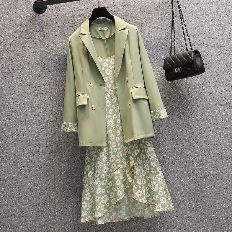 綠色/西裝外套+印花洋裝/套裝