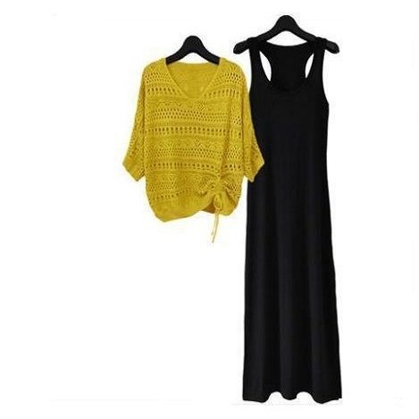 黃色上衣+黑色長洋裝/套裝
