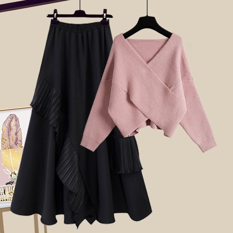 粉色/毛衣+黑色裙類/套裝
