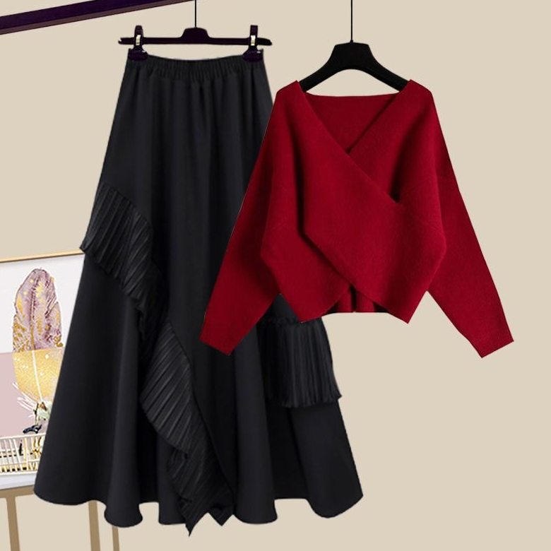 紅色毛衣+黑色裙類/套裝