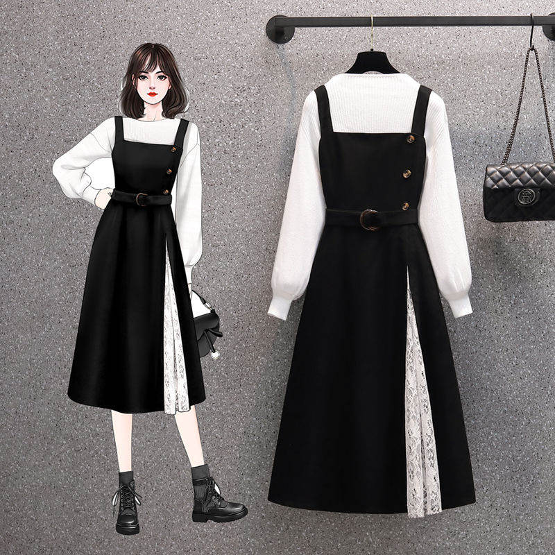 白色針織+黑色短洋裝