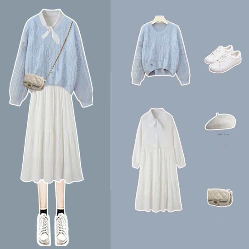 藍色毛衣+白色洋裝/套裝
