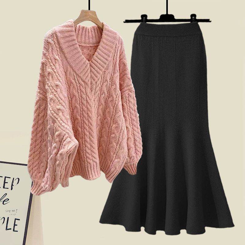 粉色毛衣+黑色裙類