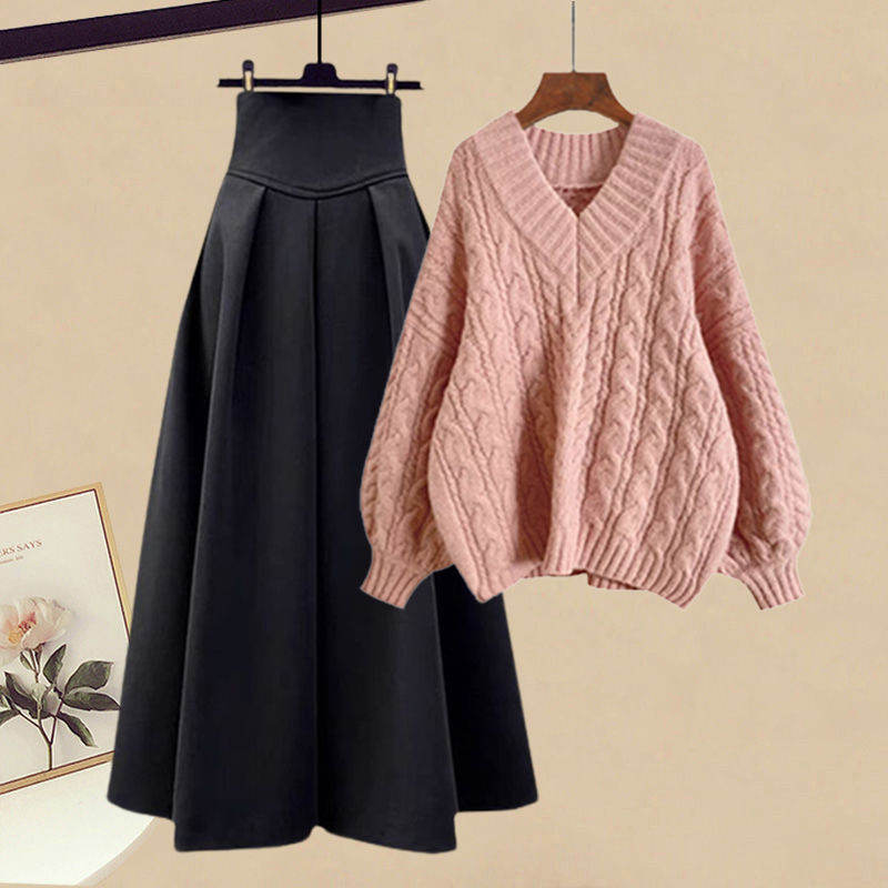 粉色毛衣+黑色裙類/套裝