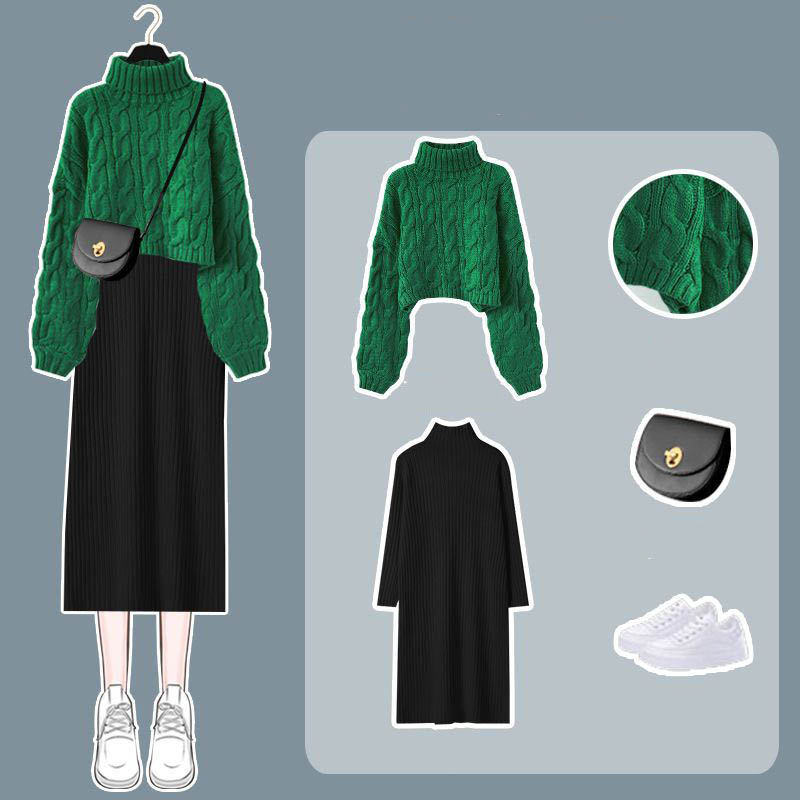 綠色毛衣+黑色洋裝/套裝