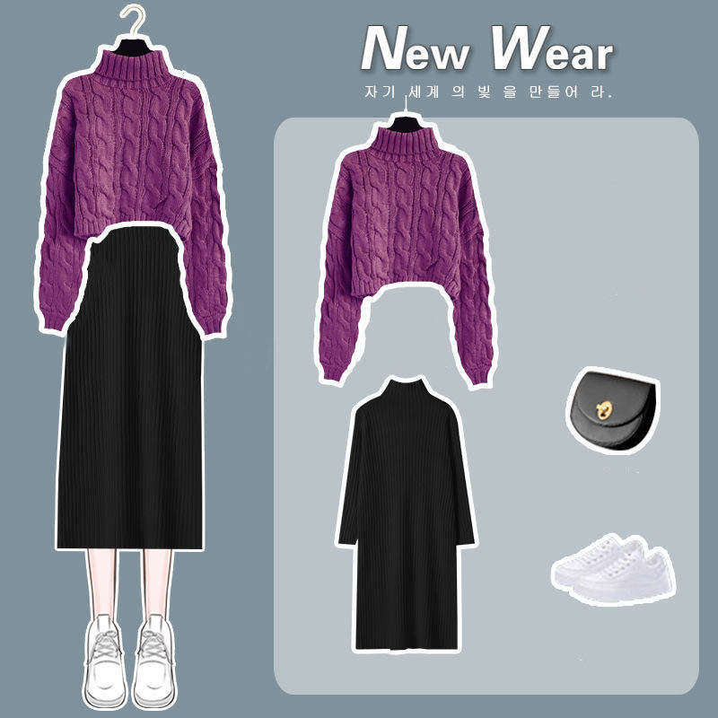紫色毛衣+黑色洋裝/套裝