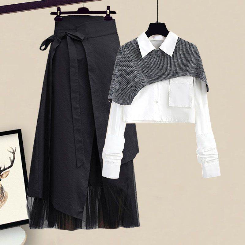 灰色馬甲+白色襯衫+黑色裙類/三件套