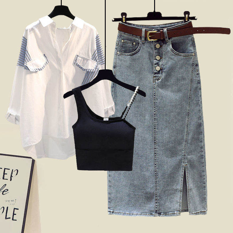 黑色/吊帶+白色條紋/襯衫+藍色/裙類
