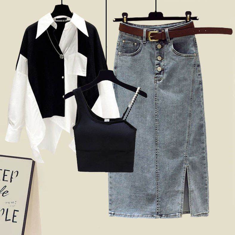 黑色/吊帶+白色撞色/襯衫+藍色/裙類