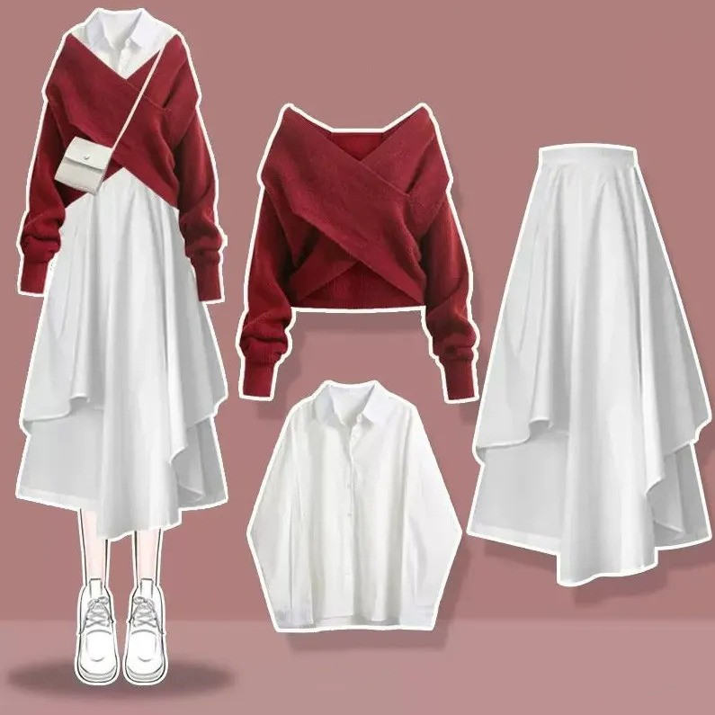 白色襯衫＋紅色毛衣＋白色裙類