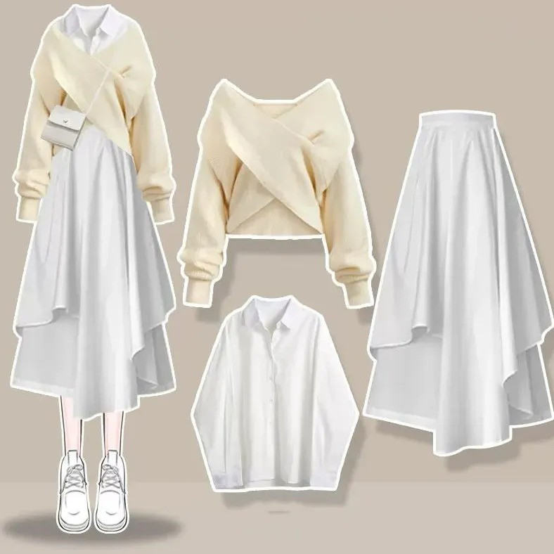 白色襯衫＋杏色毛衣＋白色裙類