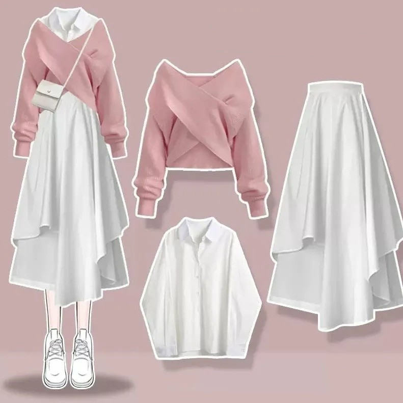 白色襯衫＋粉色毛衣＋白色裙類