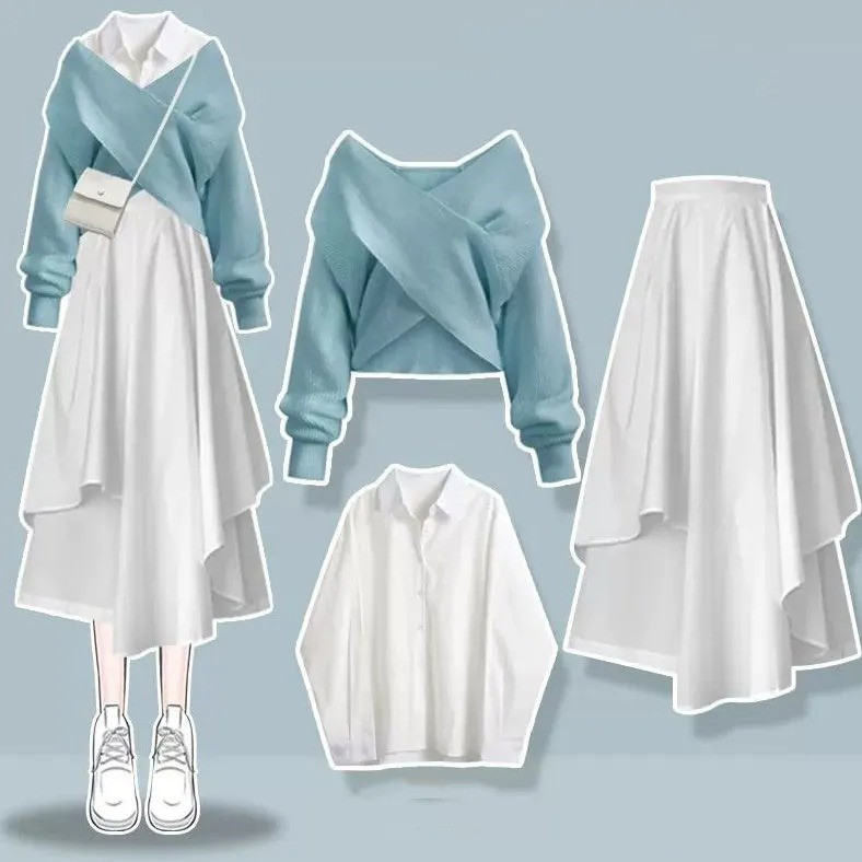 白色襯衫＋藍色毛衣＋白色裙類