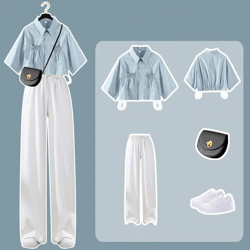 藍色襯衫+白色長褲/套裝
