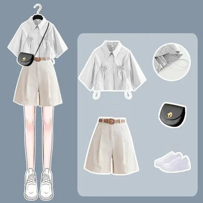 白色襯衫+杏色短褲/套裝