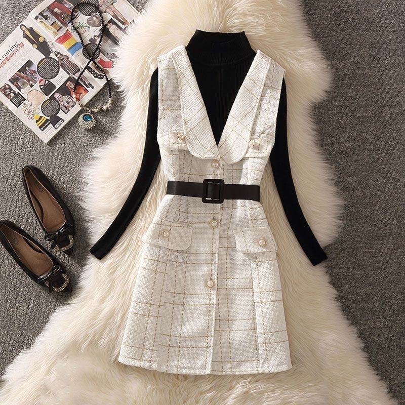 黑色針織+白色洋裝