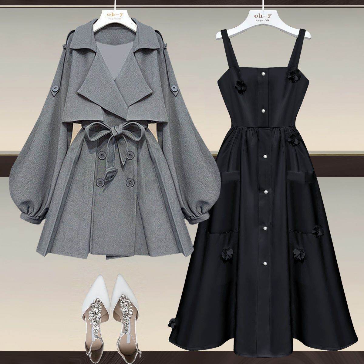 灰色風衣+黑色吊帶洋裝/套裝