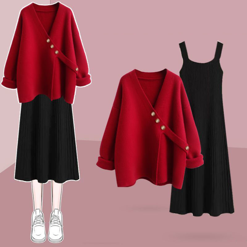 紅色罩衫+黑色長洋裝/套裝