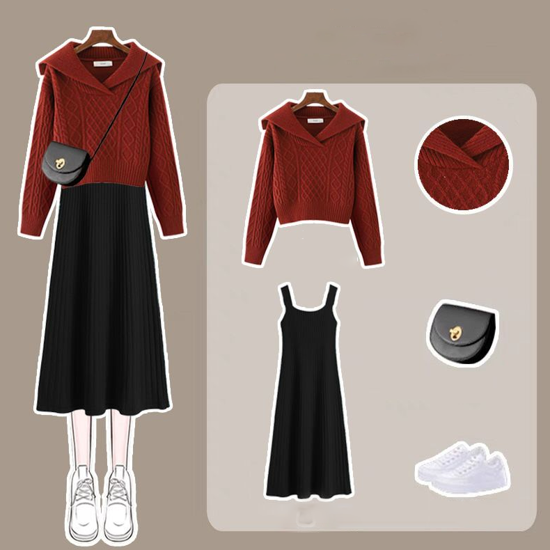 紅色毛衣+黑色洋裝