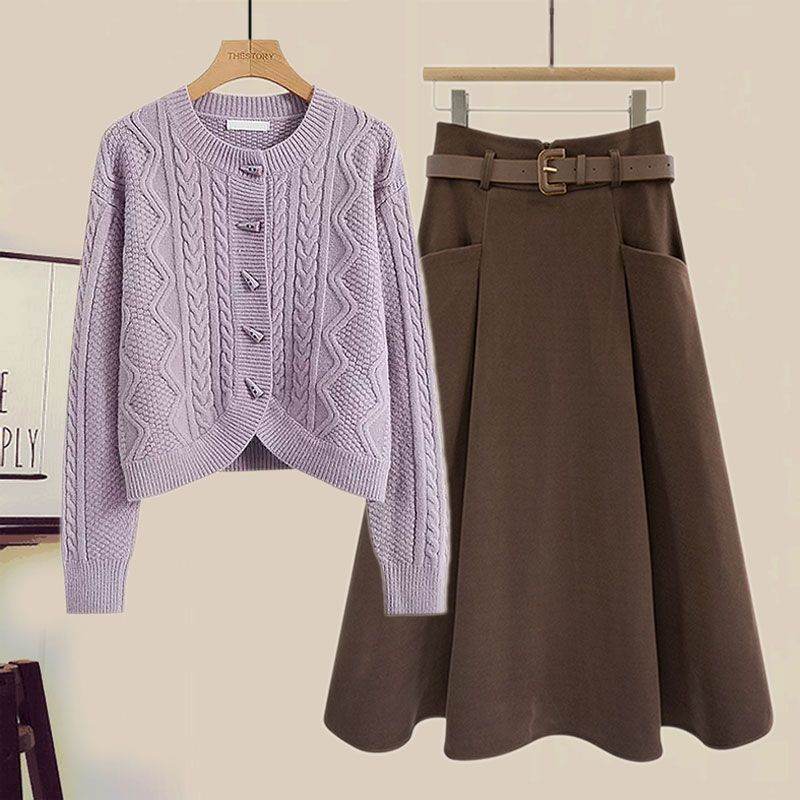 紫色罩衫+咖色裙類/套裝
