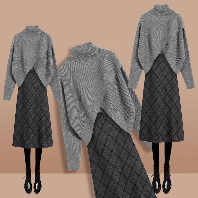 灰色毛衣+格紋裙類/套裝
