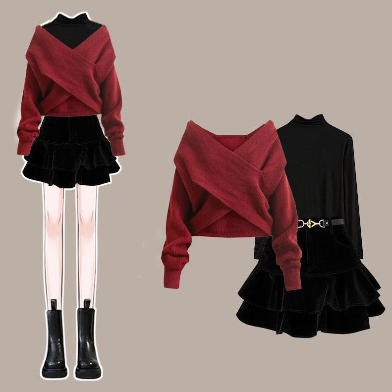 紅色毛衣+黑色內搭T+黑色裙類/三件套