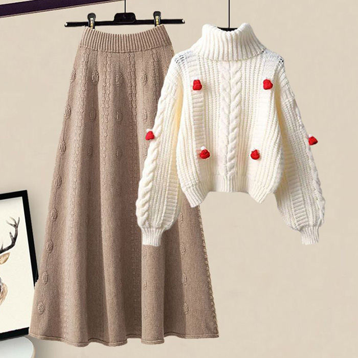 米白色/毛衣+咖啡色/半身裙類