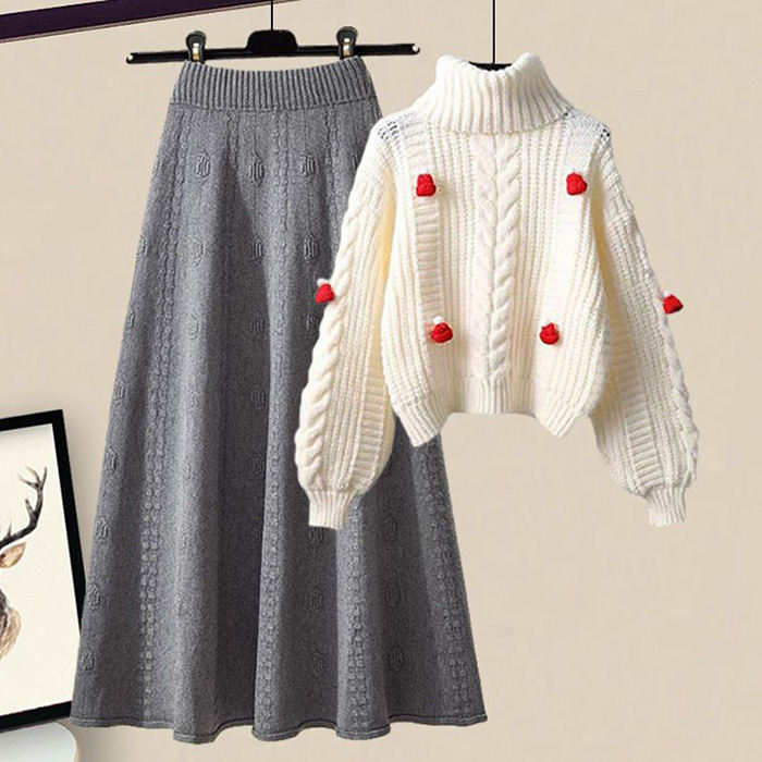 米白色/毛衣+灰色/半身裙類