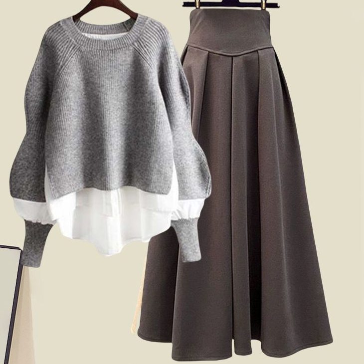 灰色毛衣+咖色裙類