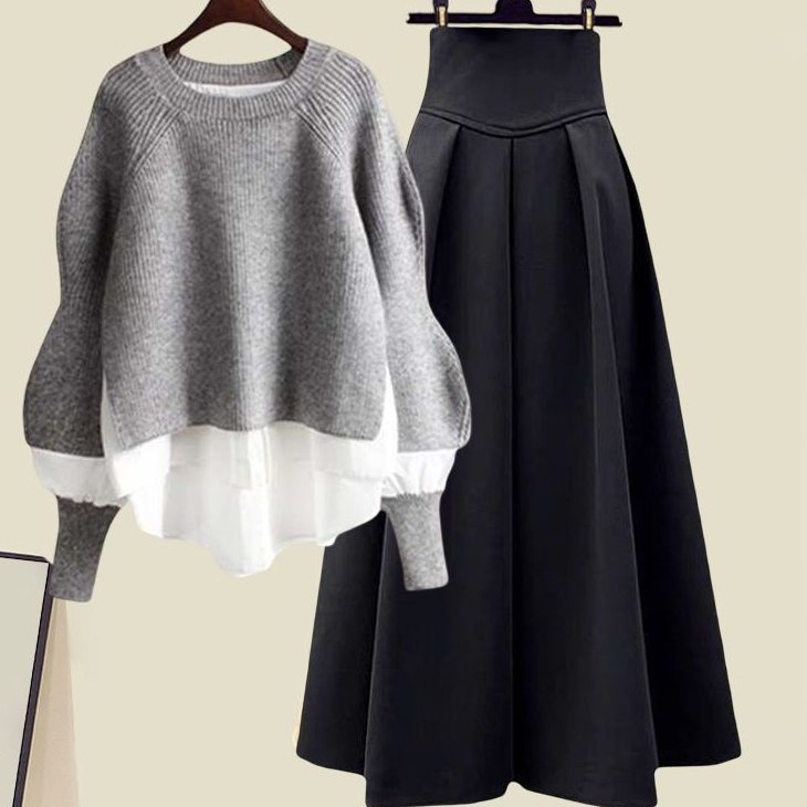 灰色毛衣+黑色裙類