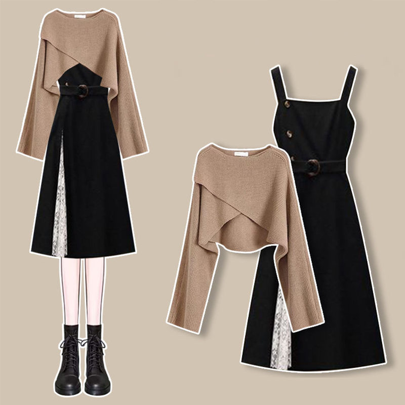 褐色毛衣+黑色吊帶洋裝/套裝