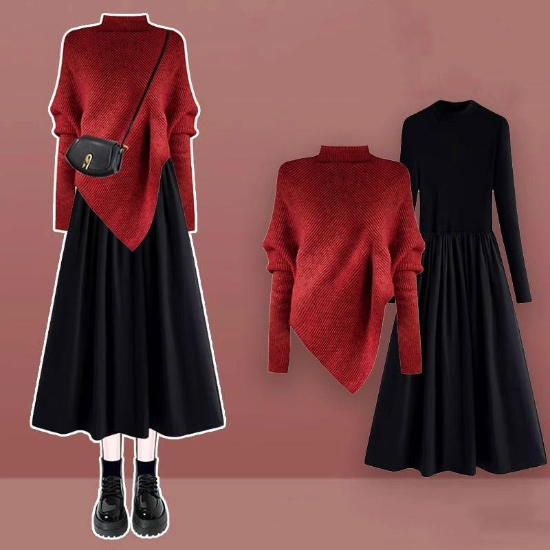 紅色針織+黑色長洋裝