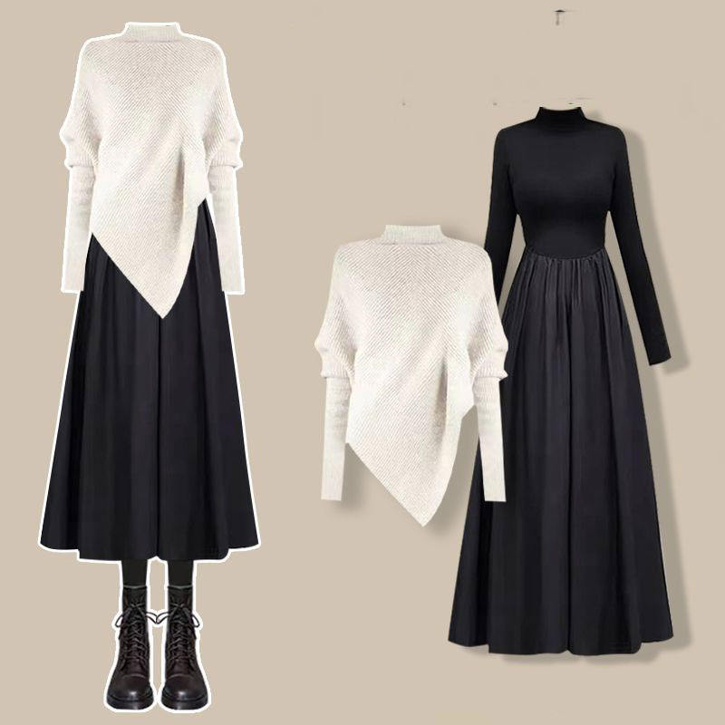 白色針織+黑色長洋裝