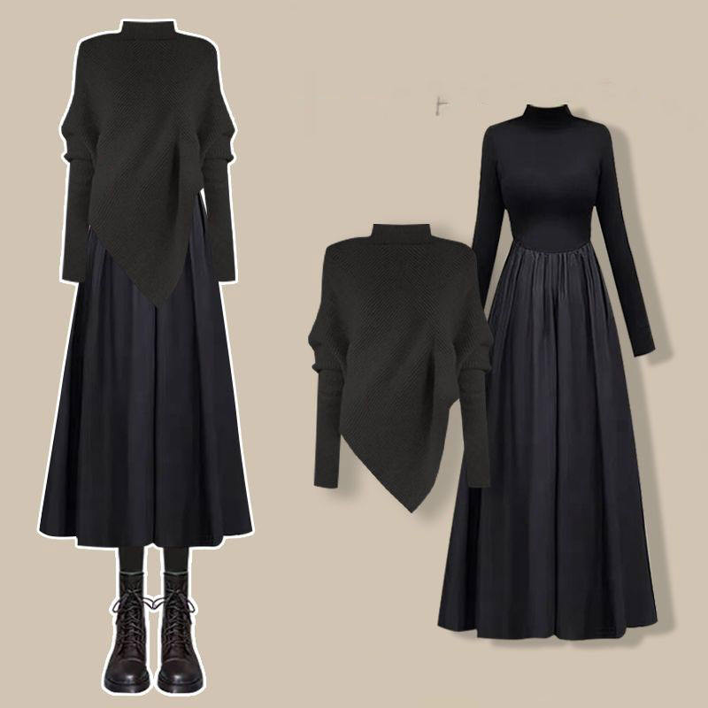 黑色針織+黑色長洋裝