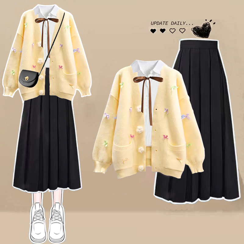 黃色/罩衫+白色/襯衫+黑色/百褶裙類