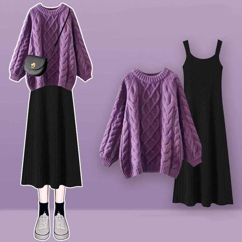 紫色/毛衣+黑色/洋裝
