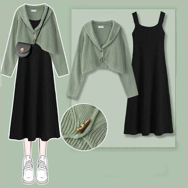 綠色/毛衣+黑色/吊帶洋裝/套裝