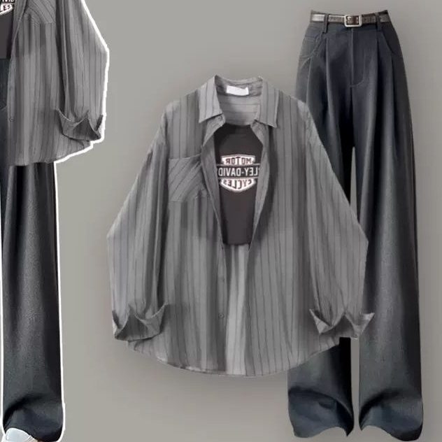 灰色罩衫+灰色寬褲